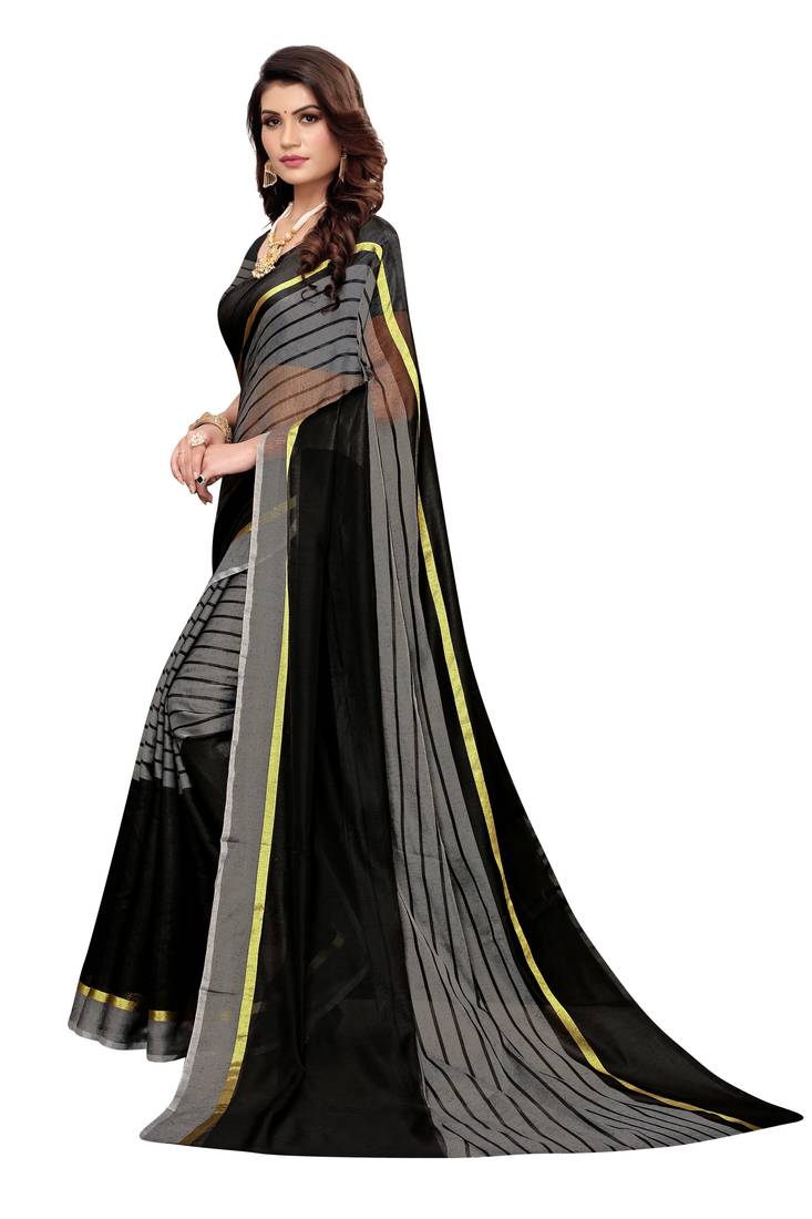 Grey Striped Print Cotton Saree With Blouse