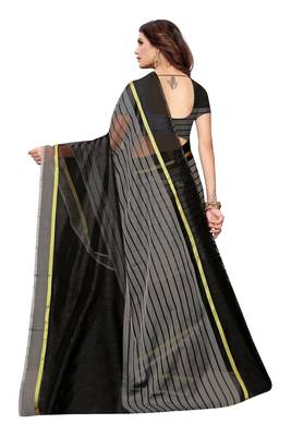 Grey Striped Print Cotton Saree With Blouse 3