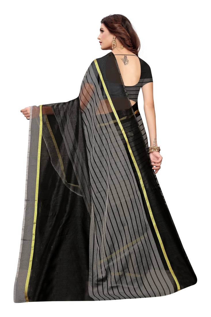 Grey Striped Print Cotton Saree With Blouse