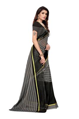 Grey Striped Print Cotton Saree With Blouse 4