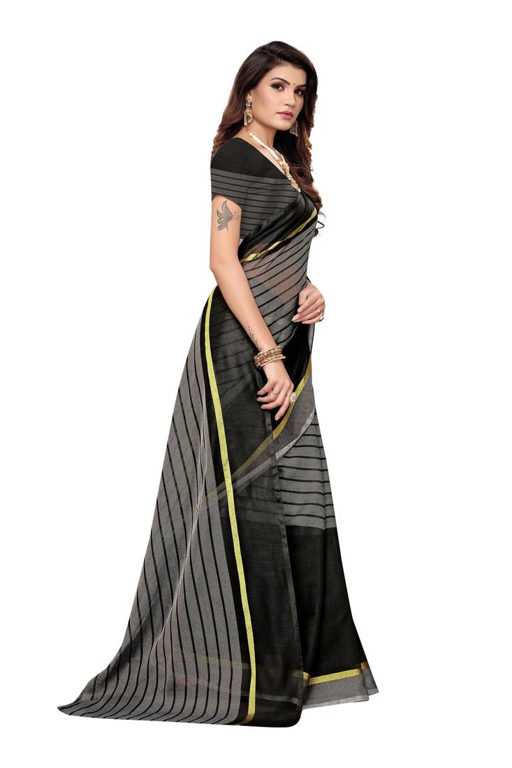 Grey Striped Print Cotton Saree With Blouse