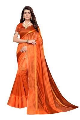 Orange Striped Print Cotton Saree With Blouse 1