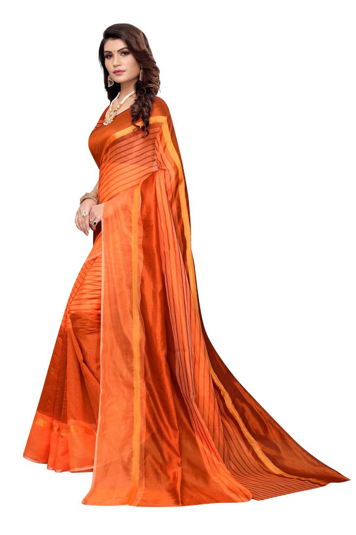 Orange Striped Print Cotton Saree With Blouse