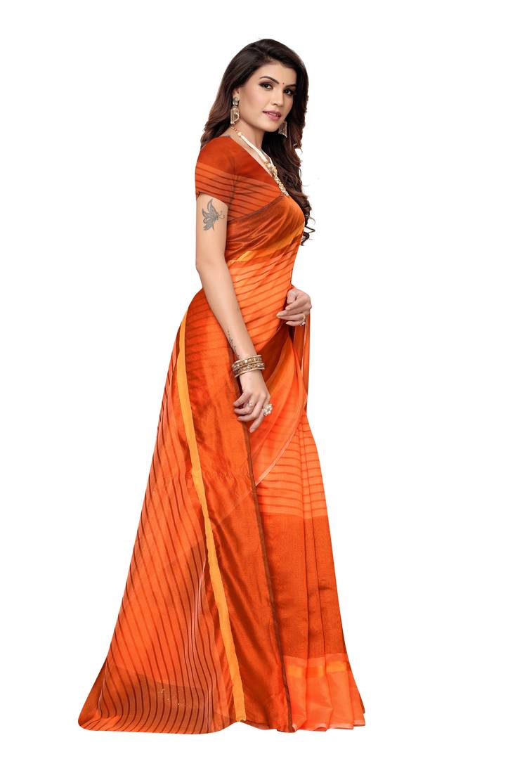 Orange Striped Print Cotton Saree With Blouse