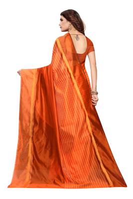 Orange Striped Print Cotton Saree With Blouse 4