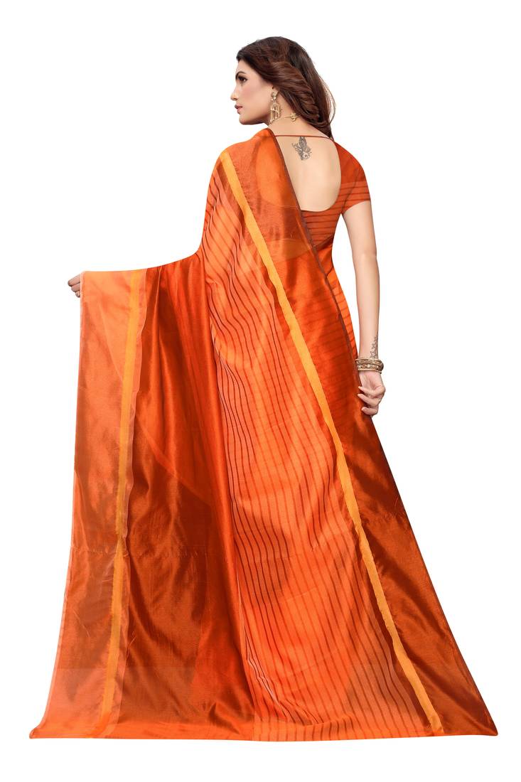 Orange Striped Print Cotton Saree With Blouse