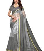 Grey Striped Print Cotton Saree With Blouse