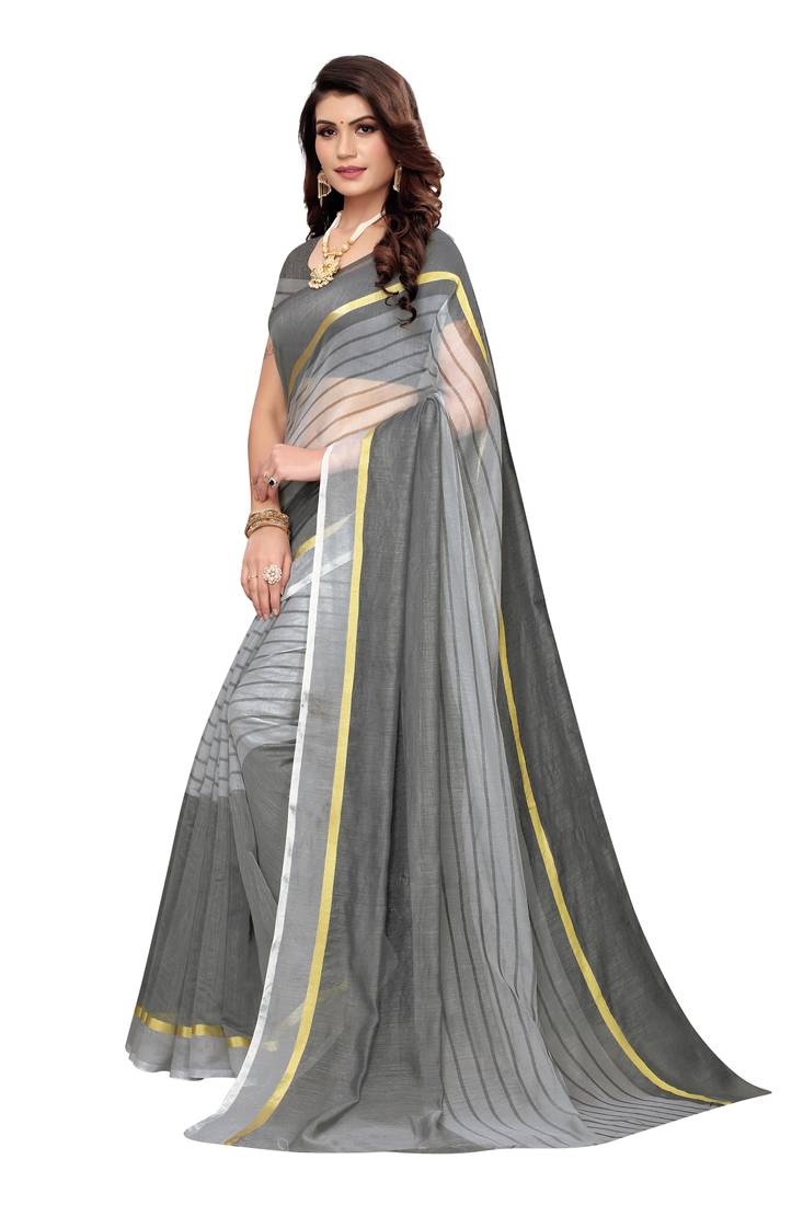 Grey Striped Print Cotton Saree With Blouse