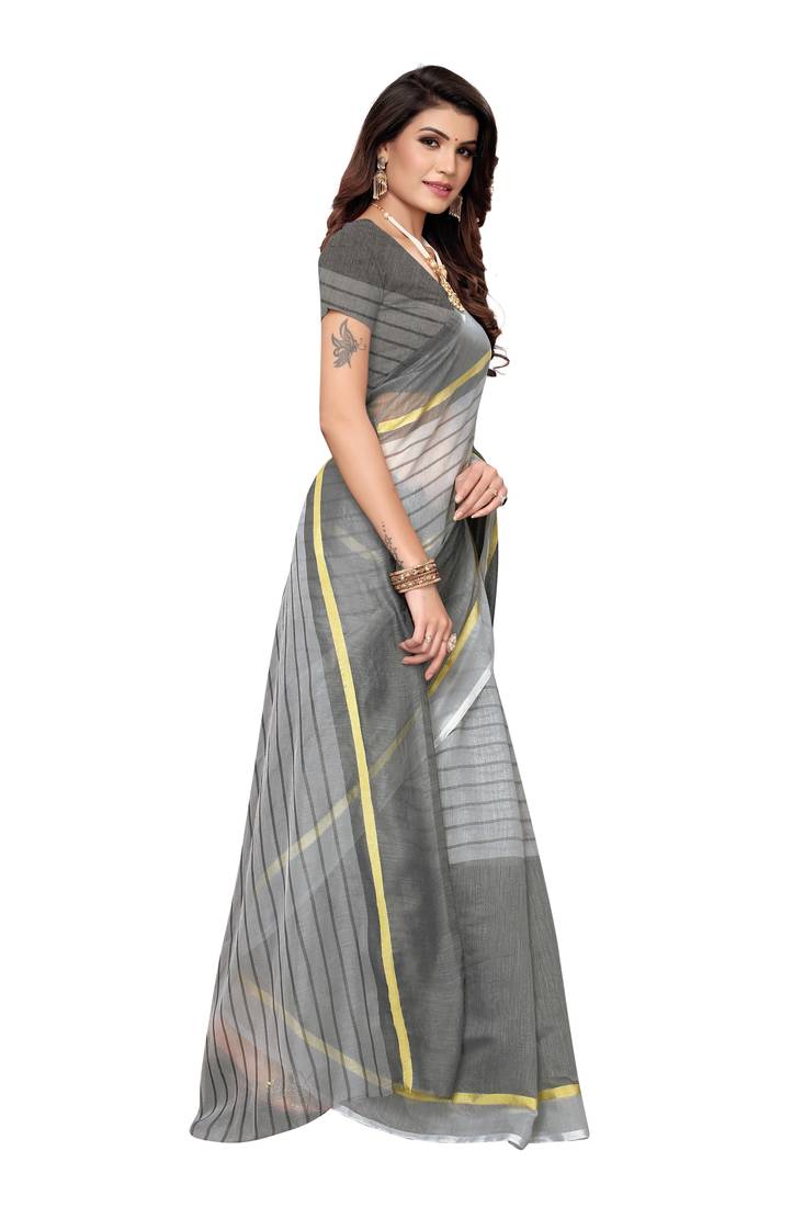 Grey Striped Print Cotton Saree With Blouse