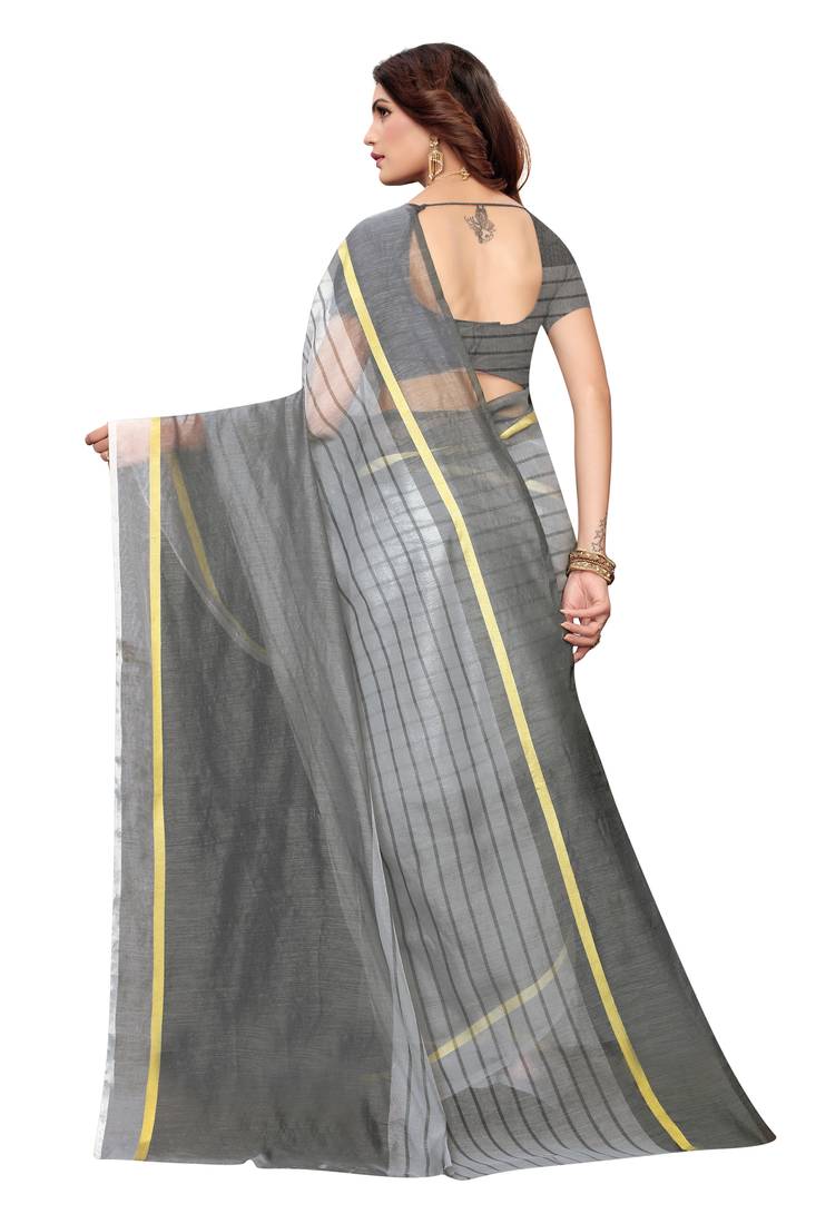 Grey Striped Print Cotton Saree With Blouse