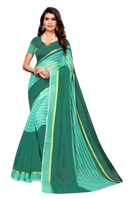 sea green Striped Print Cotton Saree With Blouse 1