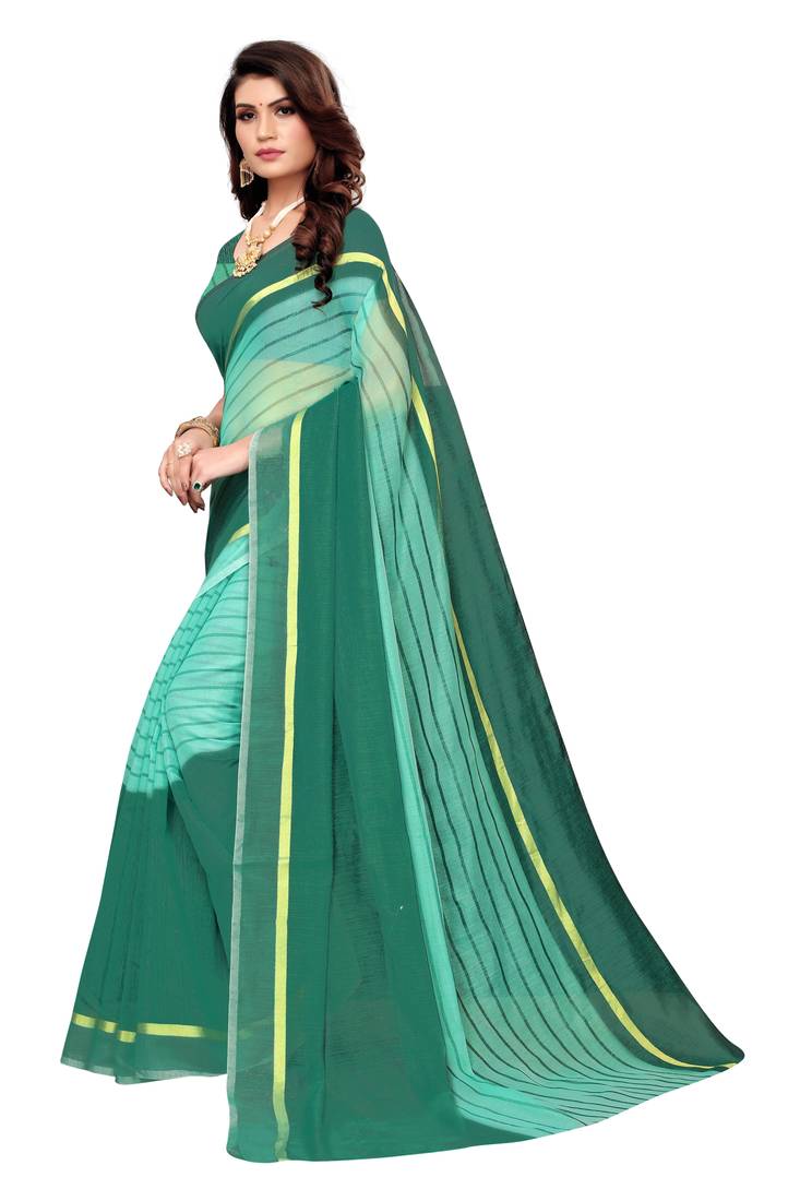 sea green Striped Print Cotton Saree With Blouse