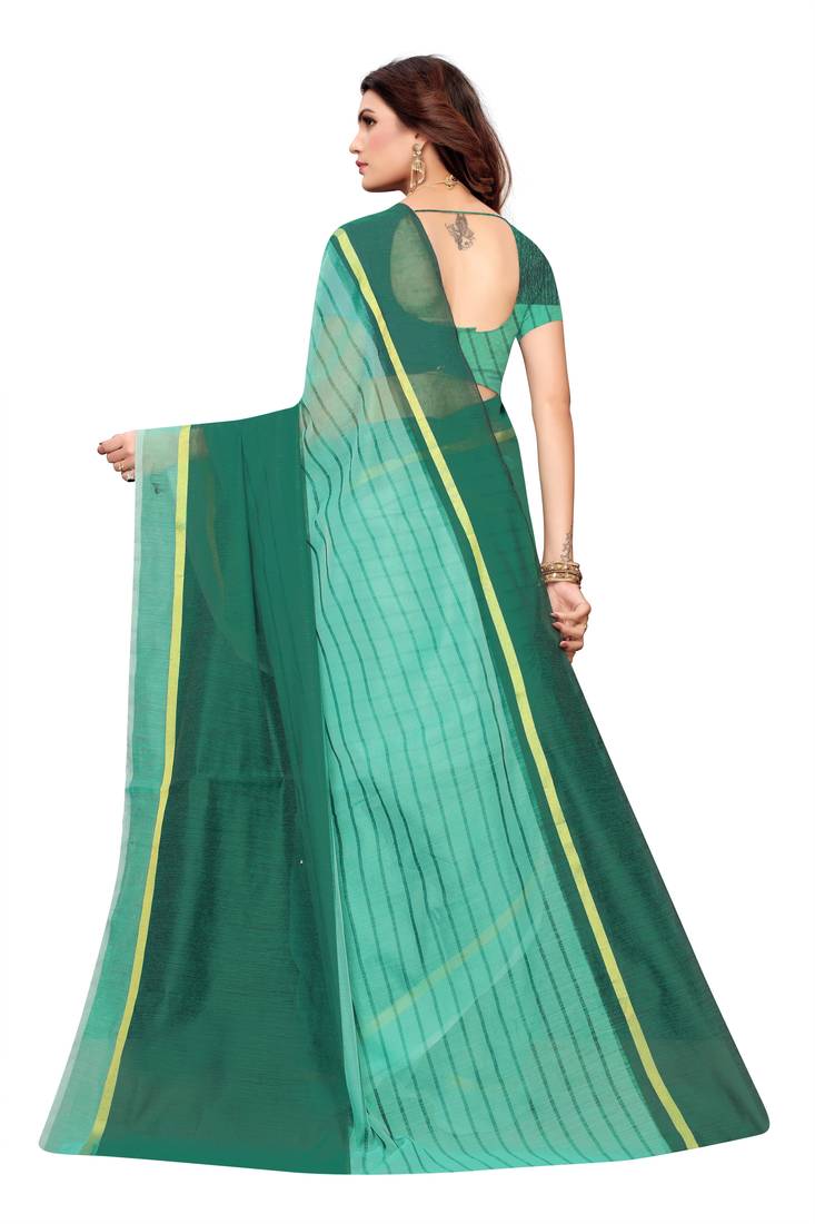 sea green Striped Print Cotton Saree With Blouse