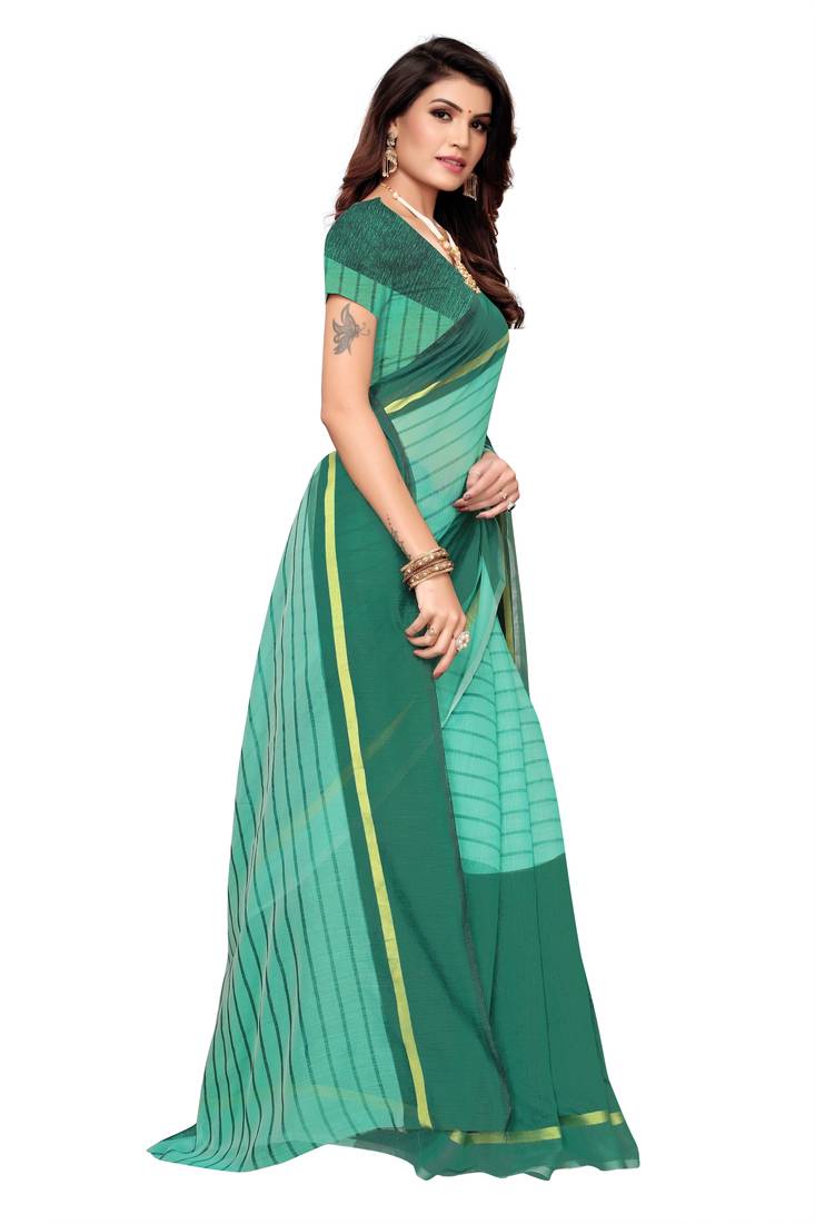 sea green Striped Print Cotton Saree With Blouse