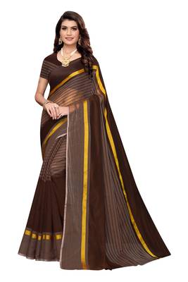 Brown Striped Print Cotton Saree With Blouse 1