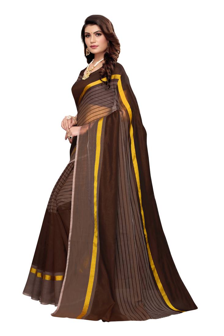 Brown Striped Print Cotton Saree With Blouse