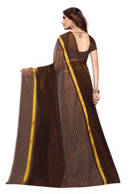 Brown Striped Print Cotton Saree With Blouse 3