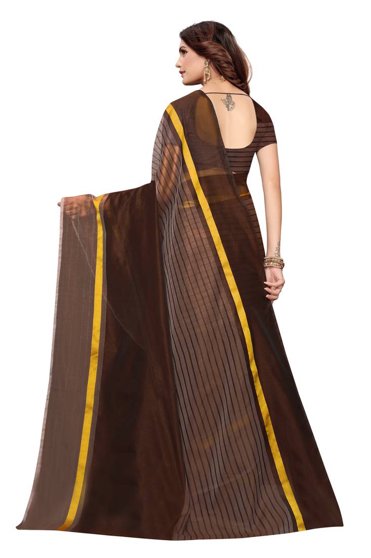 Brown Striped Print Cotton Saree With Blouse