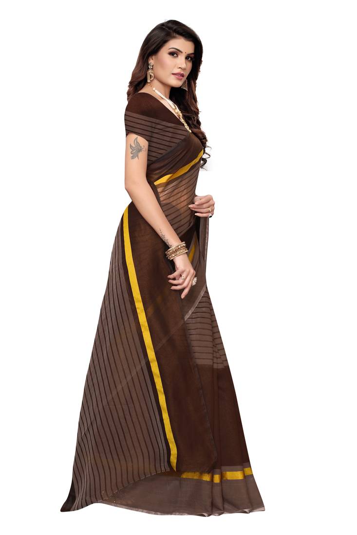 Brown Striped Print Cotton Saree With Blouse