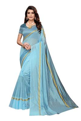 Sky Blue Striped Print Cotton Saree With Blouse 1