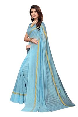 Sky Blue Striped Print Cotton Saree With Blouse 2