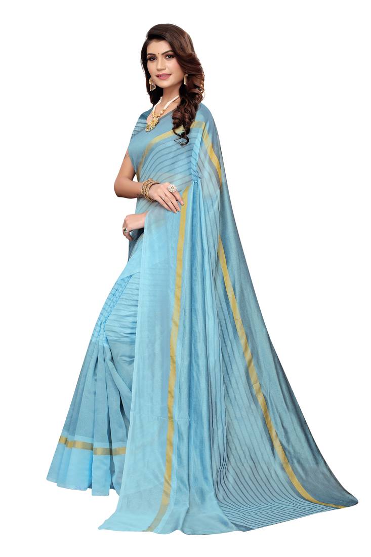 Sky Blue Striped Print Cotton Saree With Blouse