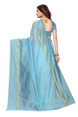 Sky Blue Striped Print Cotton Saree With Blouse 3