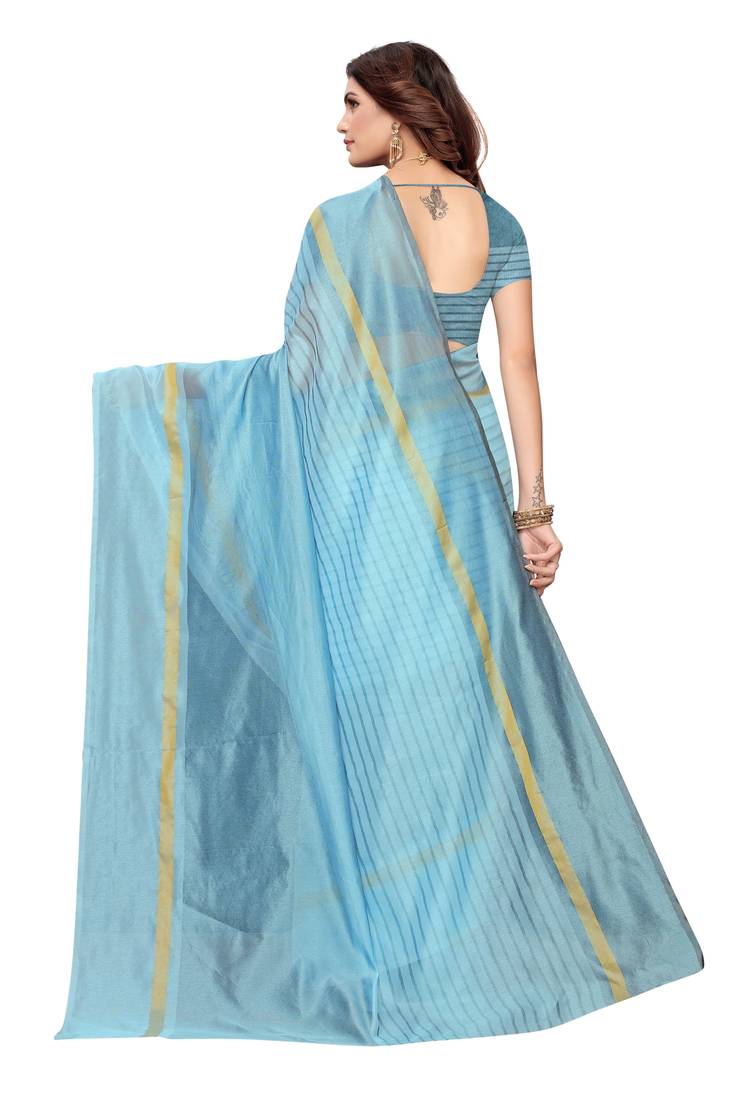 Sky Blue Striped Print Cotton Saree With Blouse