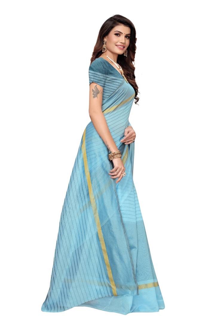 Sky Blue Striped Print Cotton Saree With Blouse