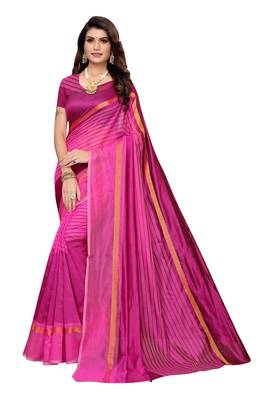 Pink Striped Print Cotton Saree With Blouse 1