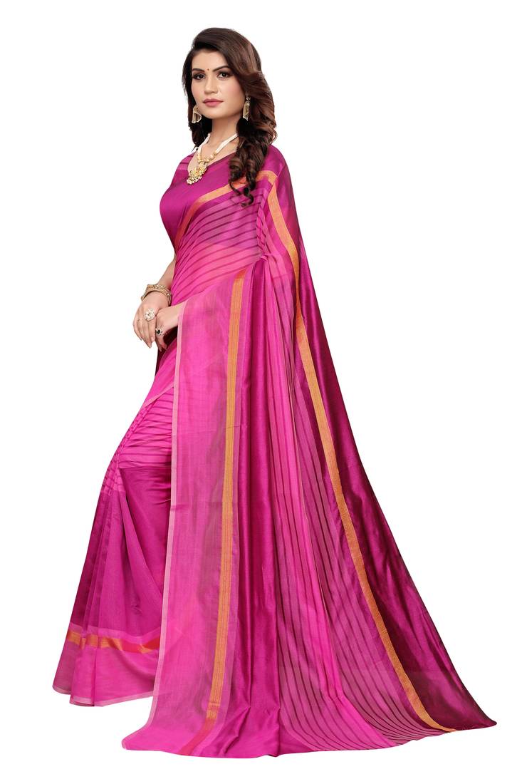 Pink Striped Print Cotton Saree With Blouse