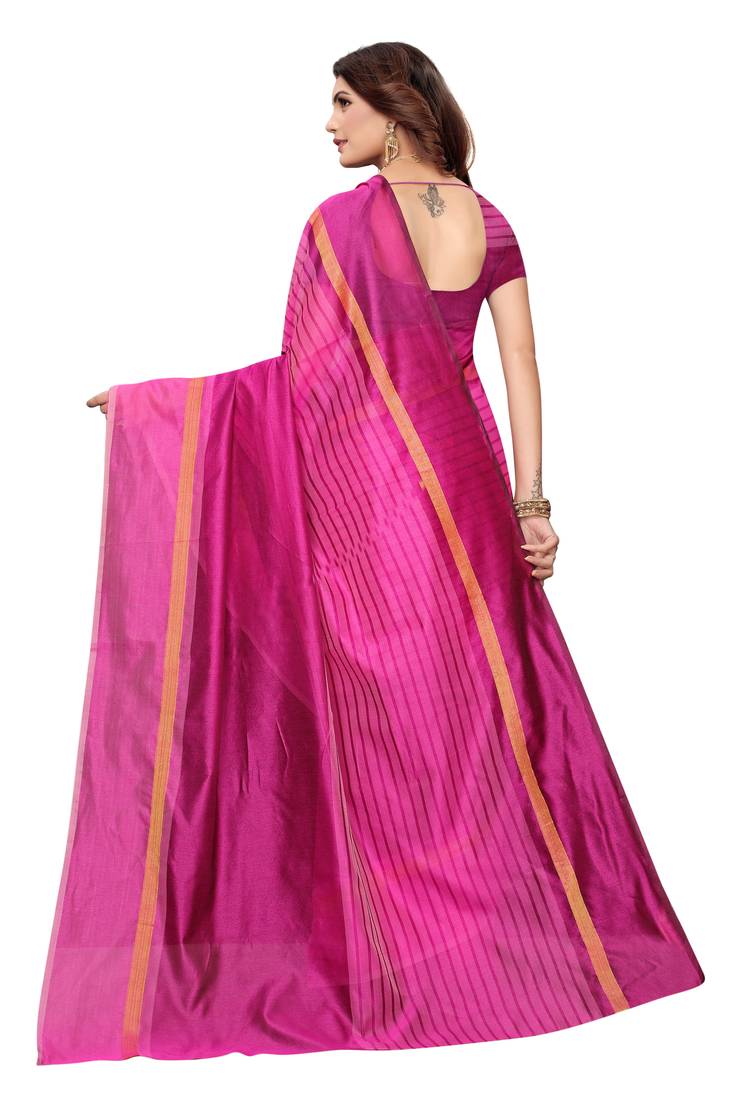 Pink Striped Print Cotton Saree With Blouse