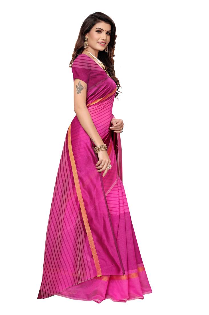 Pink Striped Print Cotton Saree With Blouse