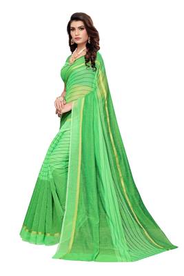 Perrot Green  Striped Print Cotton Saree With Blouse 2