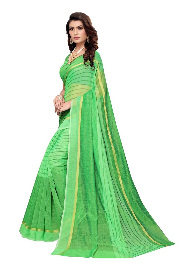 Perrot Green  Striped Print Cotton Saree With Blouse