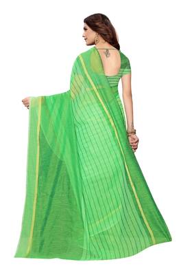 Perrot Green  Striped Print Cotton Saree With Blouse 3