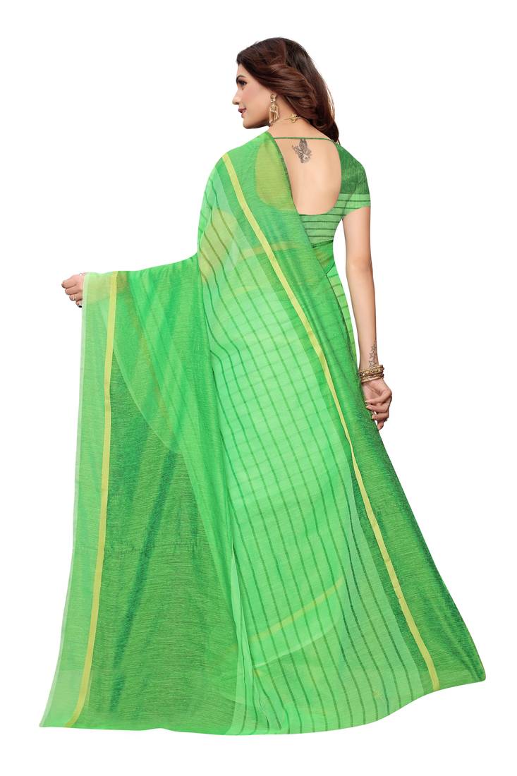 Perrot Green  Striped Print Cotton Saree With Blouse