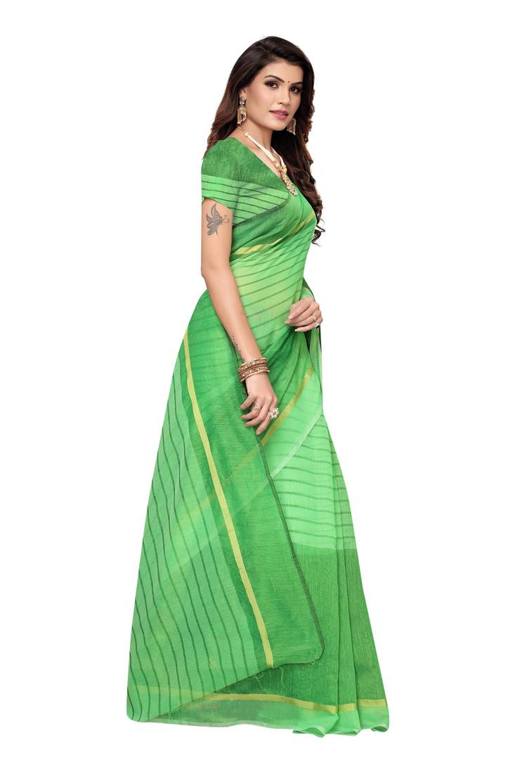 Perrot Green  Striped Print Cotton Saree With Blouse