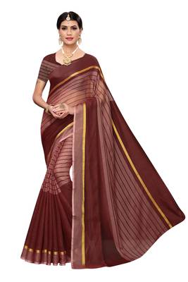 Brown Striped Print Cotton Saree With Blouse 1