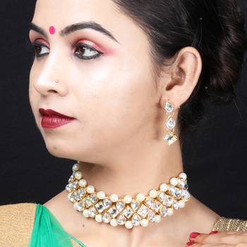 Gold Plated Party Wear White Choker Jewellery Set For Girl And Women 3