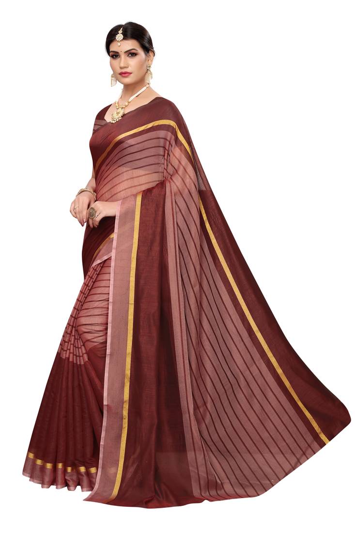 Brown Striped Print Cotton Saree With Blouse