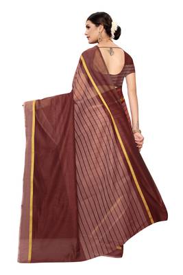Brown Striped Print Cotton Saree With Blouse 3