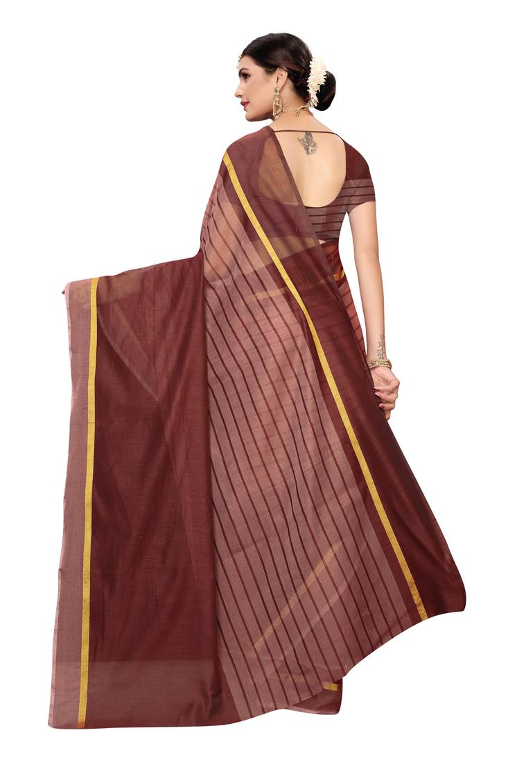Brown Striped Print Cotton Saree With Blouse