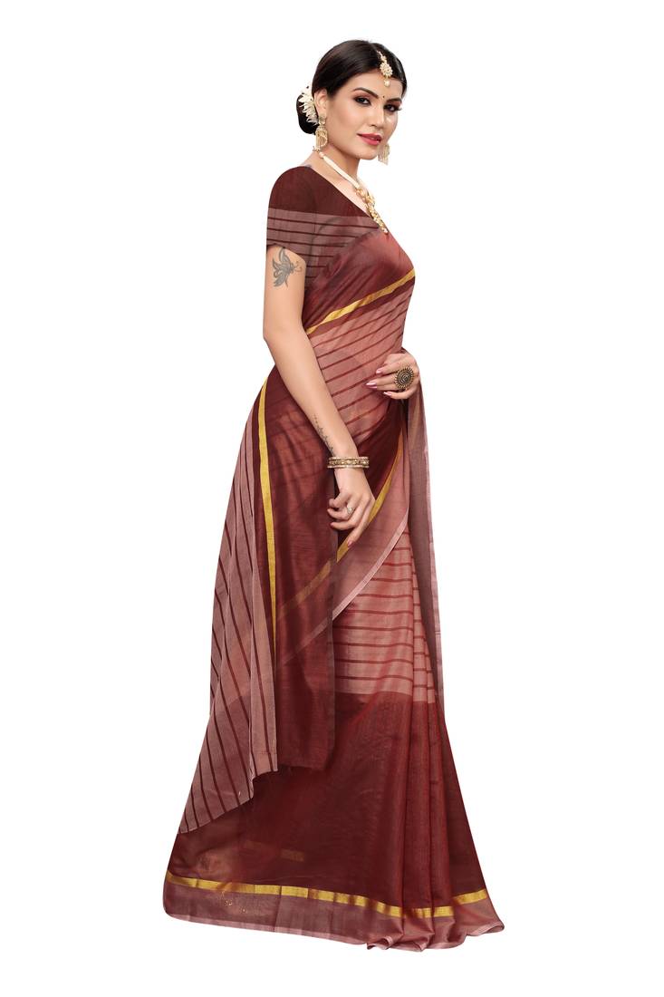 Brown Striped Print Cotton Saree With Blouse