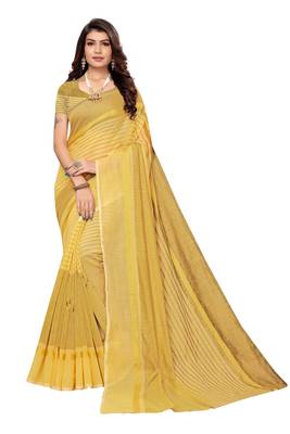 yellow Striped Print Cotton Saree With Blouse 1