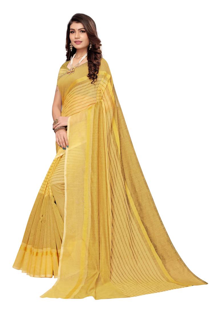 yellow Striped Print Cotton Saree With Blouse