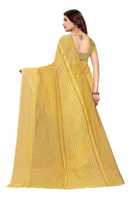 yellow Striped Print Cotton Saree With Blouse 3