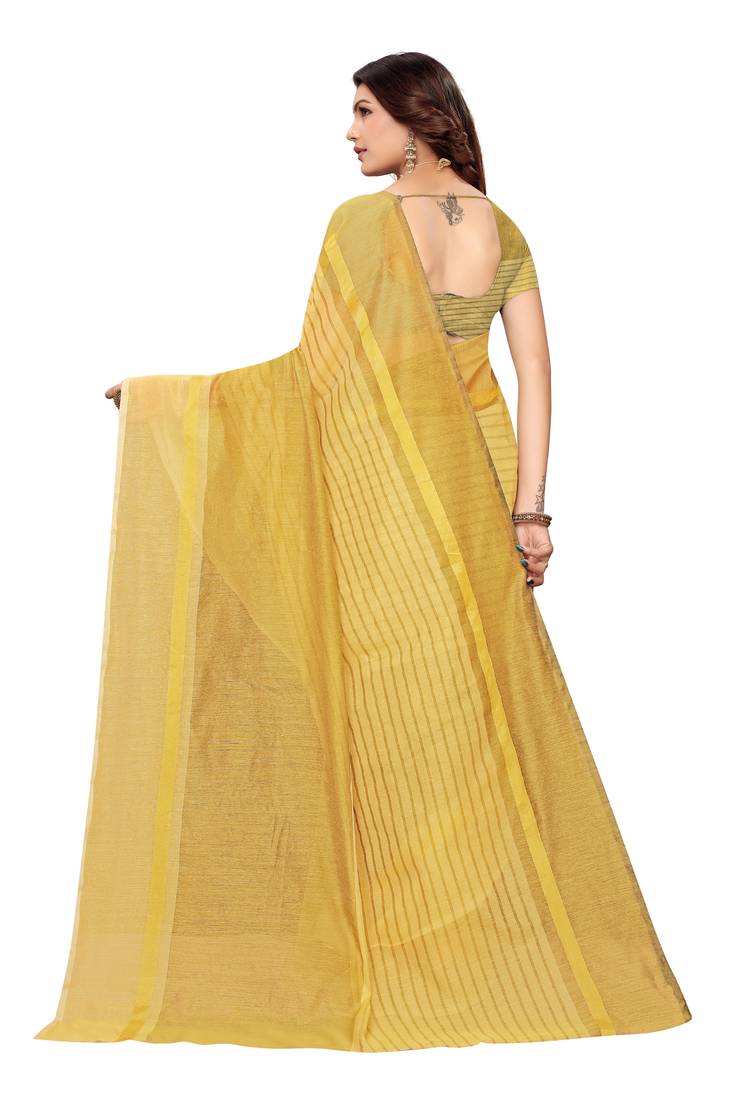 yellow Striped Print Cotton Saree With Blouse