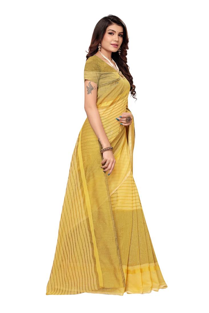 yellow Striped Print Cotton Saree With Blouse