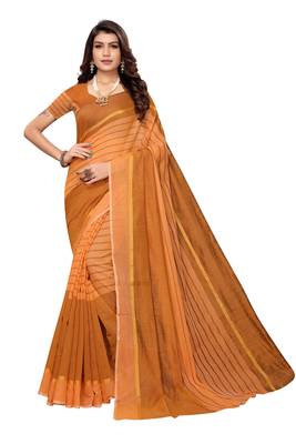 Light orange Striped Print Cotton Saree With Blouse 1